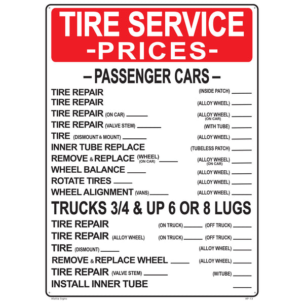 Tire Service Prices